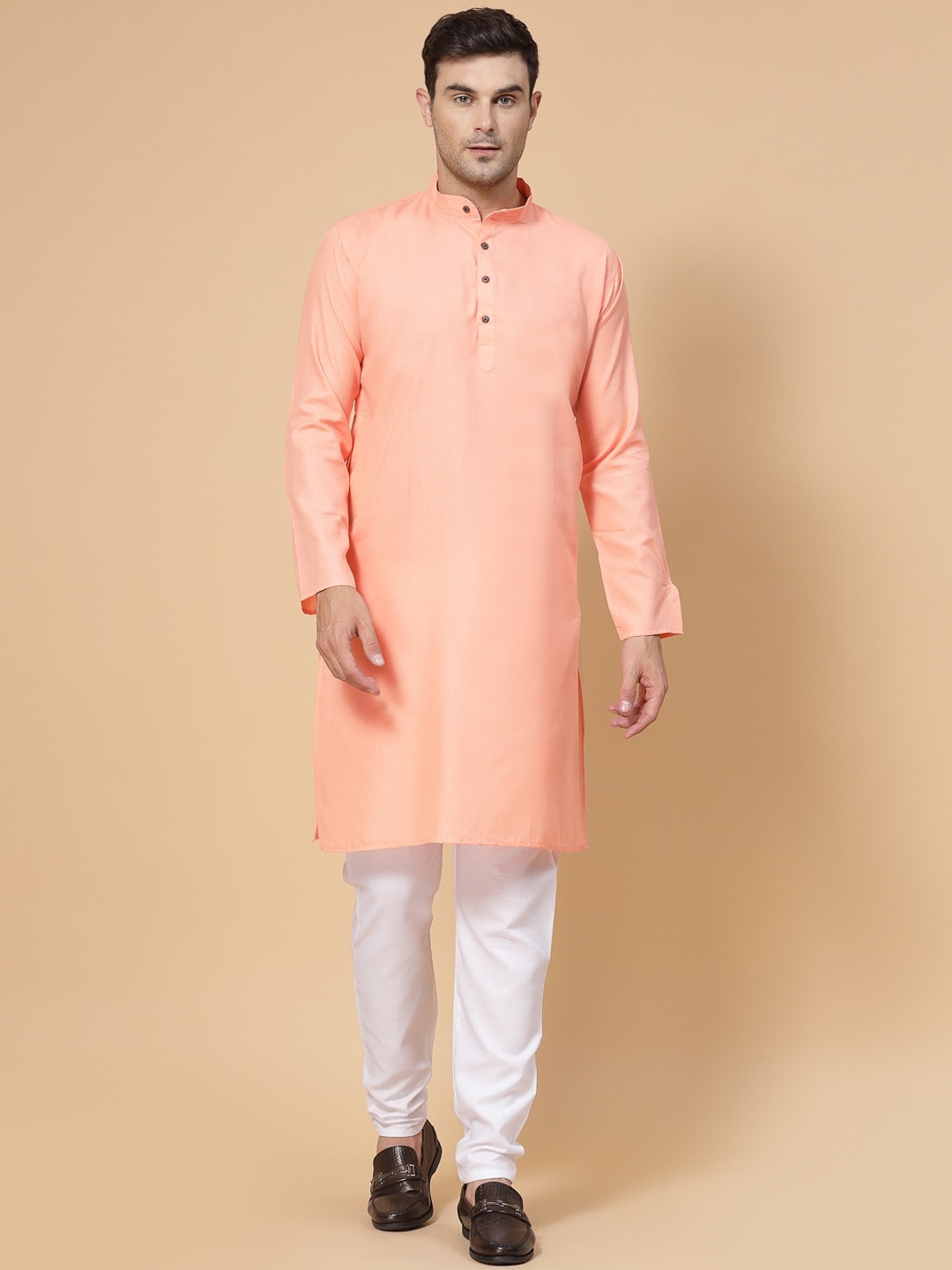 

allan peter Mandarin Collar Long Sleeves Cotton Kurta, Peach