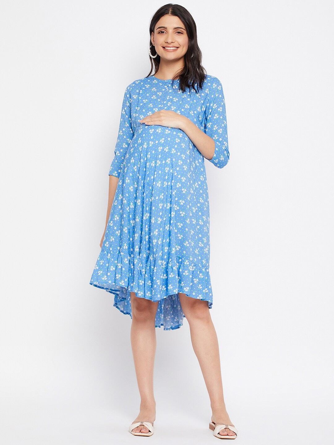 

Hypernation Floral Printed Feeding & Maternity Empire Dress, Blue