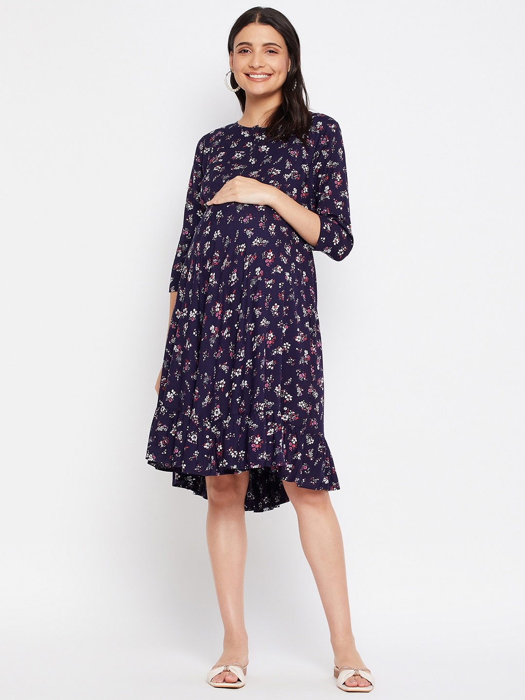 

Hypernation Floral Printed Feeding & Maternity Empire Dress, Navy blue