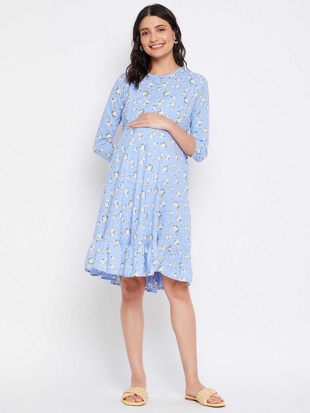 

Hypernation Floral Printed Feeding & Maternity Empire Dress, Blue