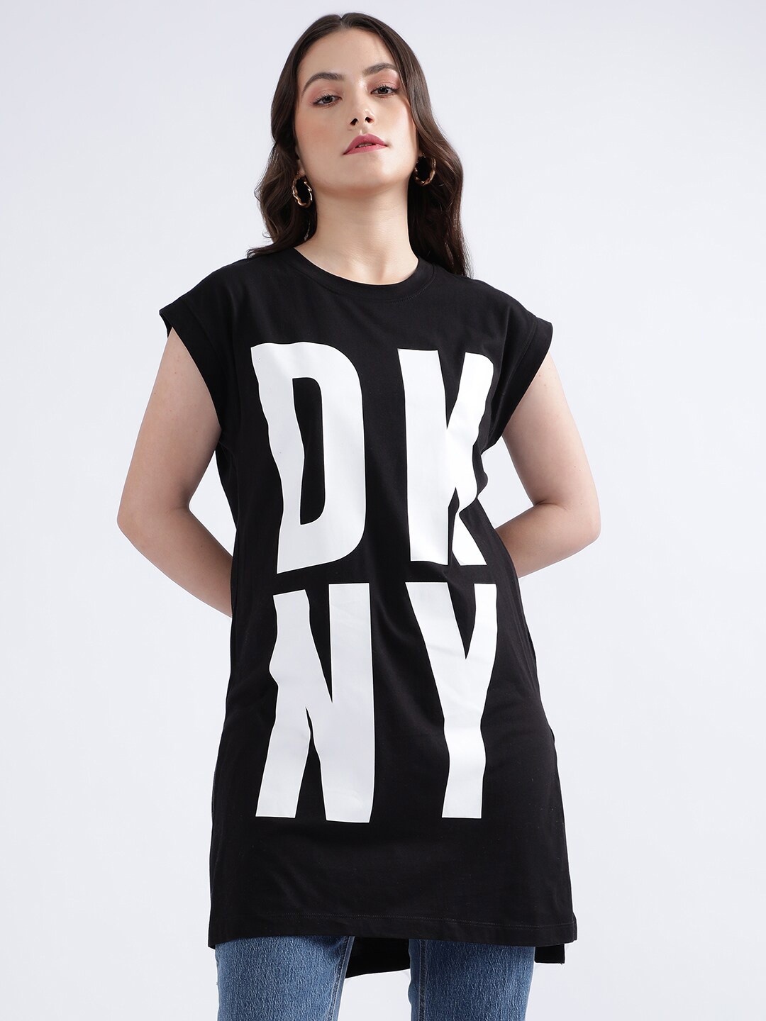 

DKNY Typography Printed Cap Sleeves Monochrome Longline Top, Black