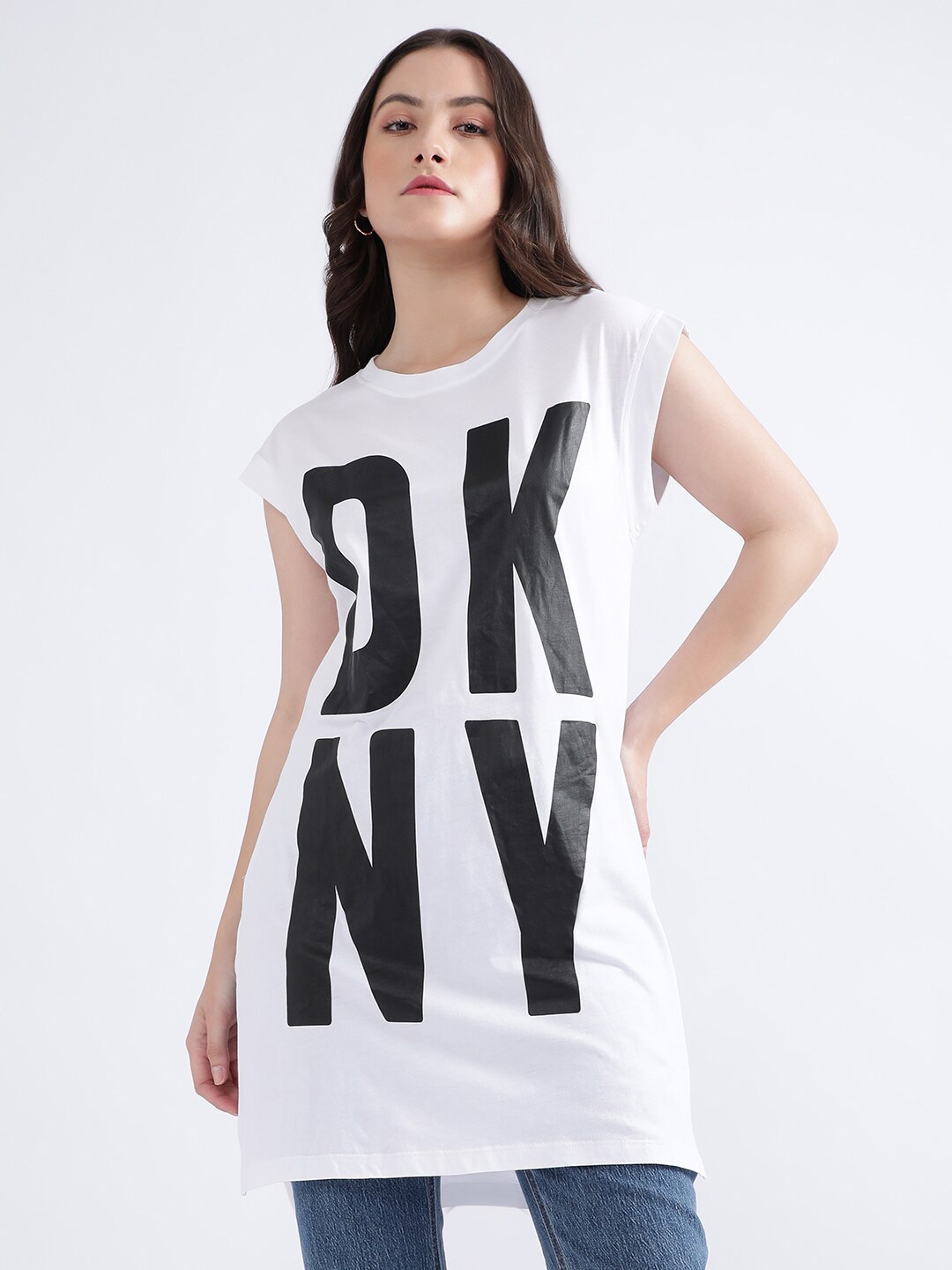

DKNY Typography Printed Cap Sleeves Monochrome Longline Top, White
