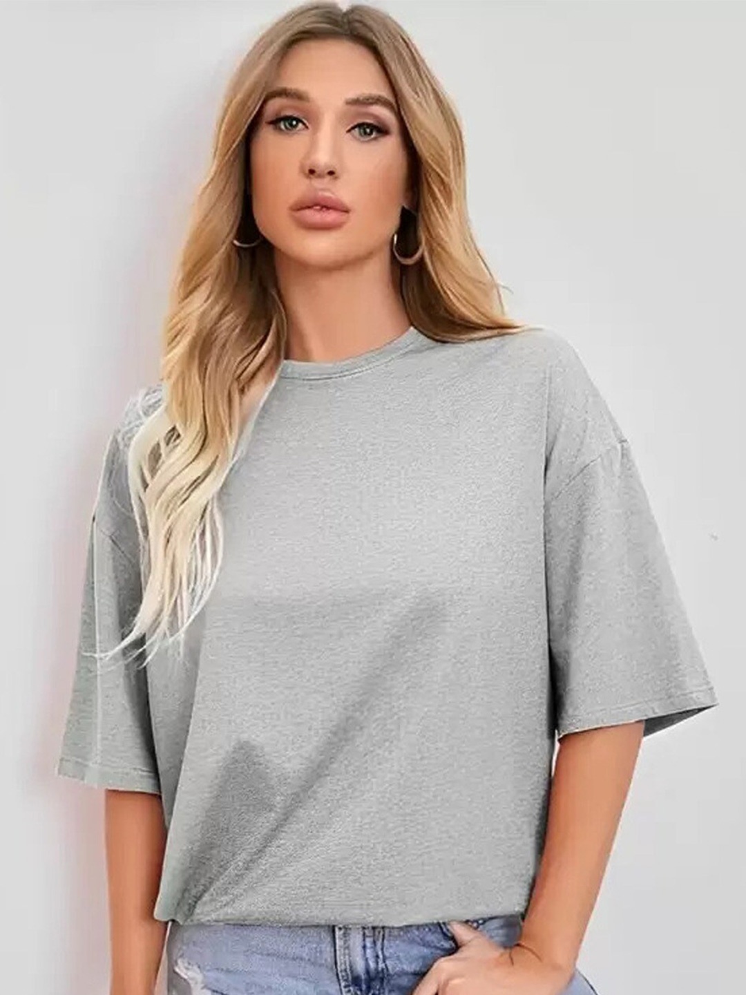 

Imsa Moda Drop-Shoulder Sleeves Oversized Longline Cotton T-shirt, Grey