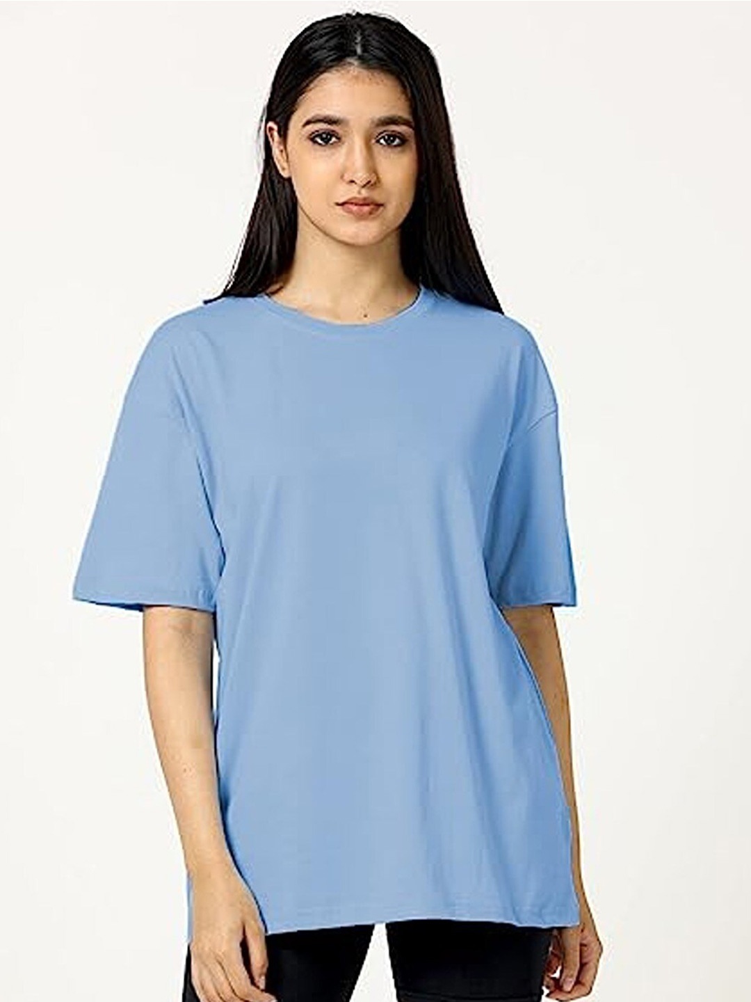 

Imsa Moda Drop-Shoulder Sleeves Oversized Longline Cotton T-shirt, Blue