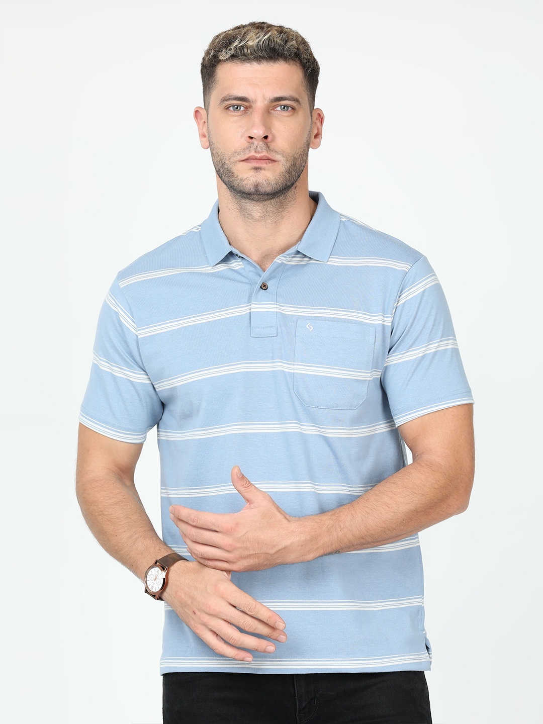 

Classic Polo Striped Polo Collar Pure Cotton T-shirt, Blue