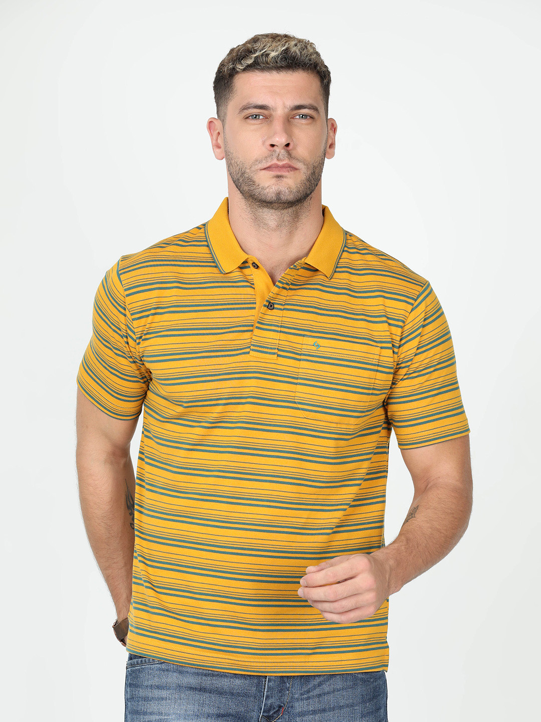 

Classic Polo Striped Polo Collar Pure Cotton T-shirt, Yellow