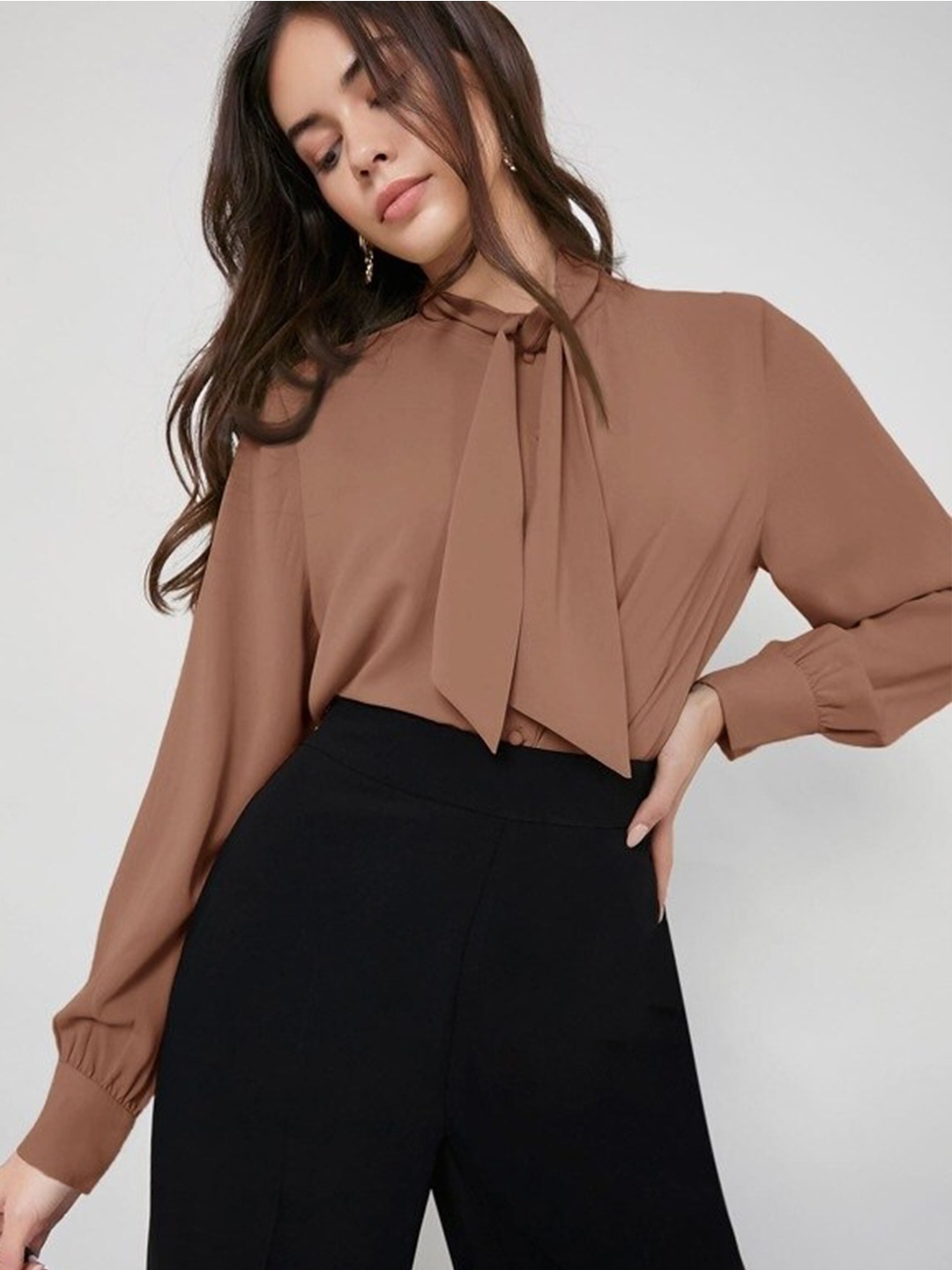 

FNOCKS Tie-Up Neck Cuffed Sleeve Pure Cotton Shirt Style Top, Brown