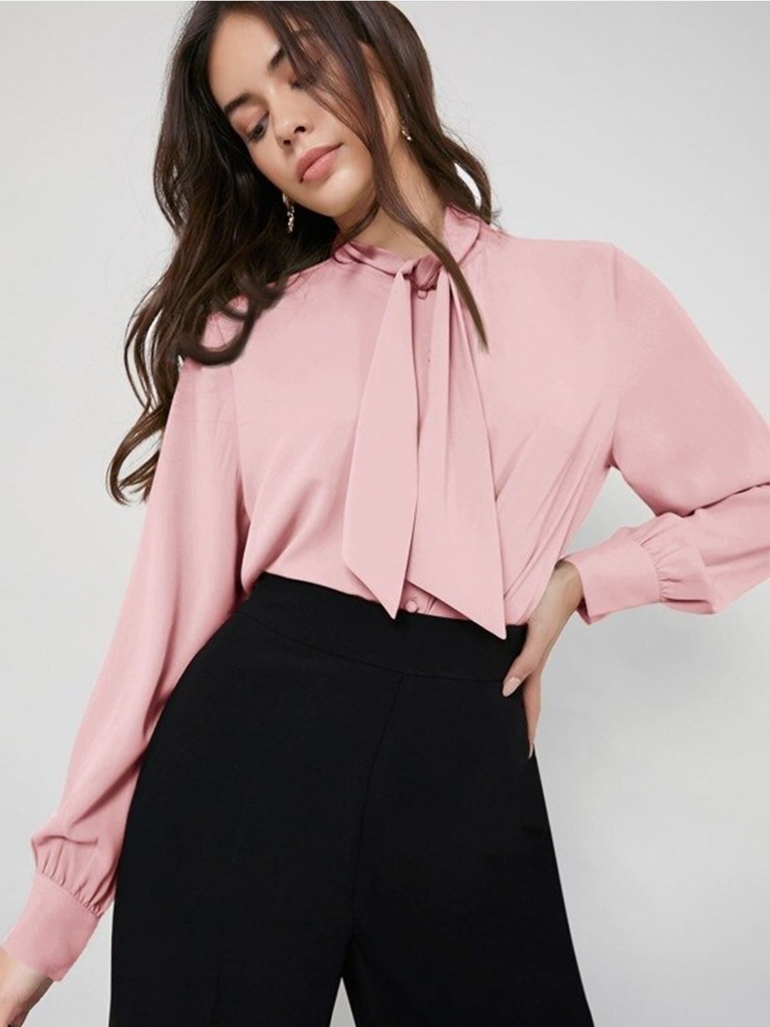 

FNOCKS Tie-Up Neck Cuffed Sleeve Pure Cotton Shirt Style Top, Pink