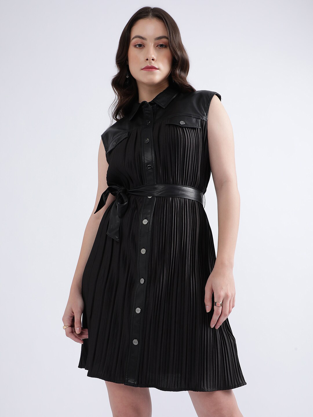 

DKNY Self Designed Sleeveless Belted Shirt Styled Dress, Black
