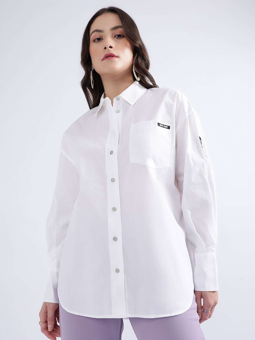 

DKNY Spread Collar Long Sleeves Opaque Pure Cotton Casual Shirt, White