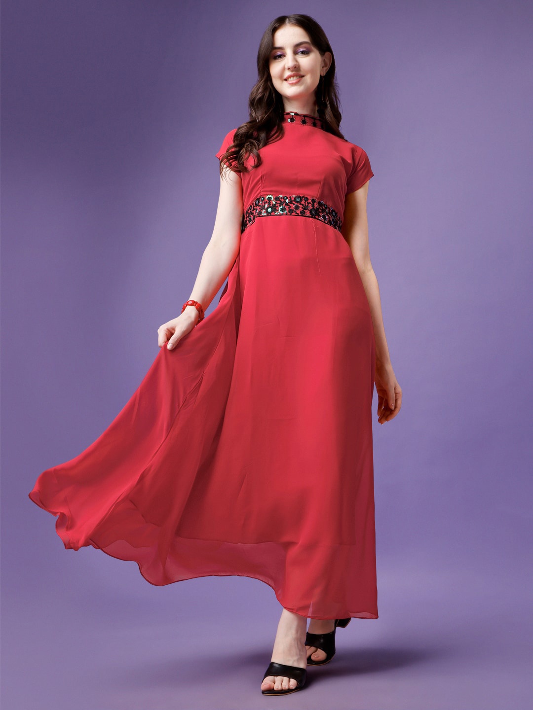 

Femvy High Neck Georgette Maxi Dress, Red