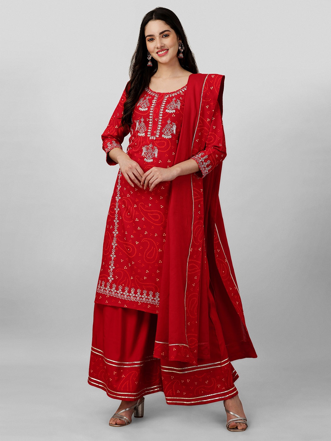 

Nivah Fashion Ethnic Motifs Bandhani Printed Zari Straight Kurta & Palazzos With Dupatta, Red