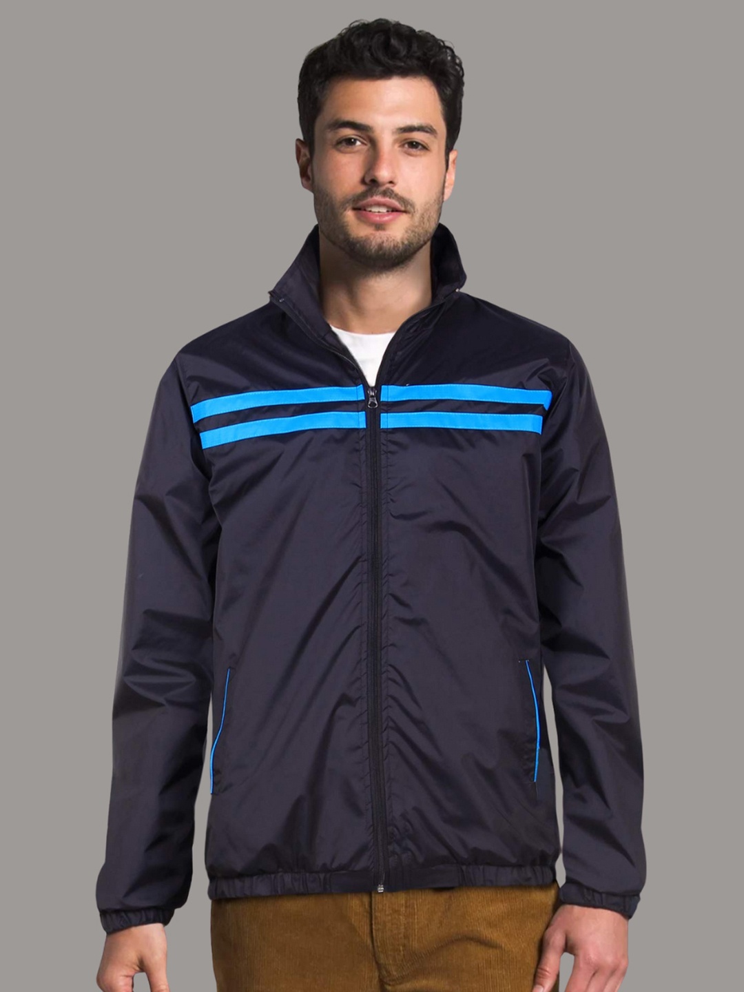 

THE CLOWNFISH Striped Mock Collar Activewear Sporty Jacket, Navy blue