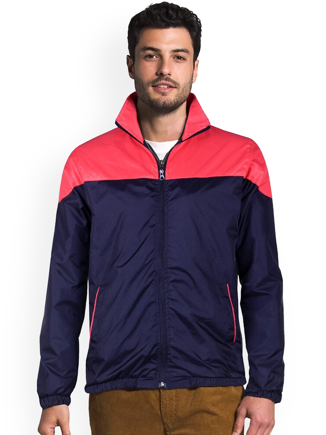 THE CLOWNFISH Men Colourblocked Mock Collar Activewear Sporty Jacket, Navy blue