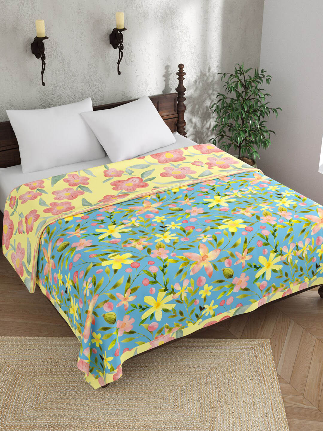 

EverHOME Blue & Yellow Floral AC Room 150 GSM Cotton Double Bed Dohar