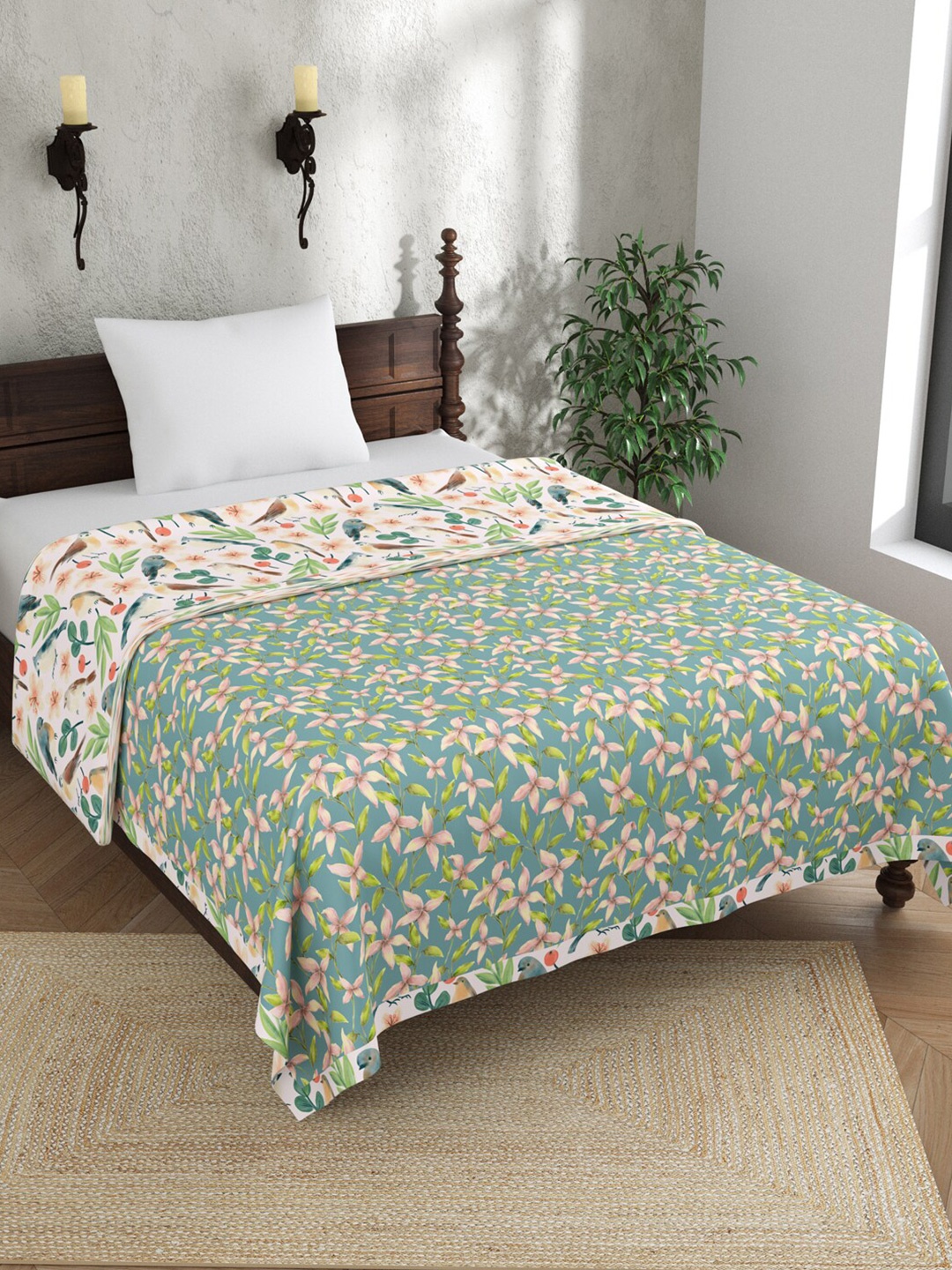 

EverHOME Green & White Floral AC Room 150 GSM Single Bed Dohar