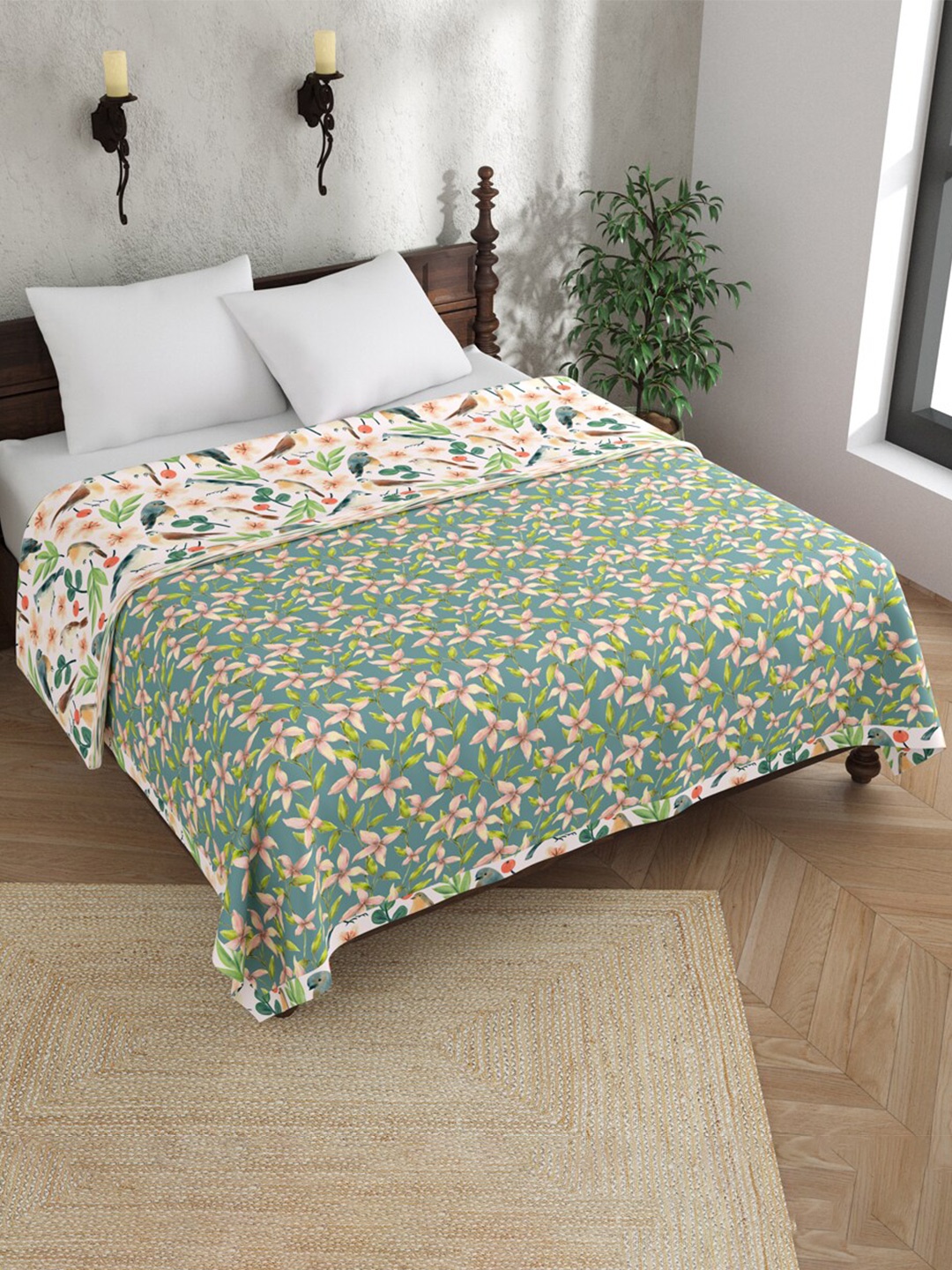 

EverHOME Green & White Floral AC Room 150 GSM Cotton Double Bed Dohar