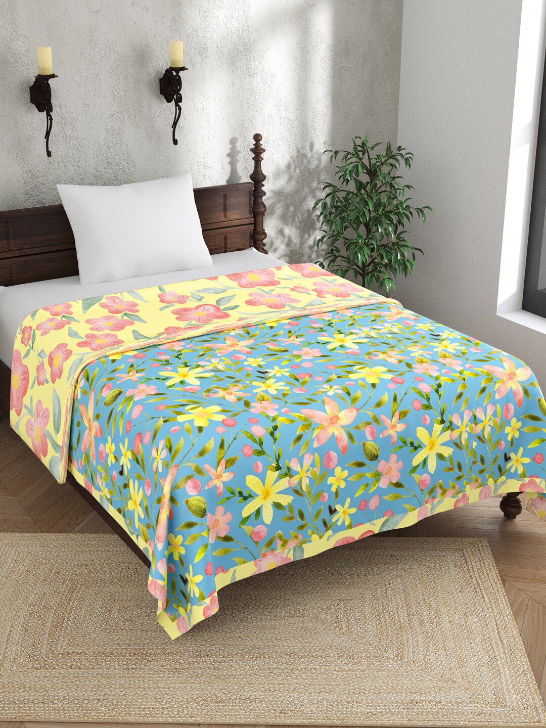 

EverHOME Blue & Yellow Floral AC Room 150 GSM Single Bed Dohar