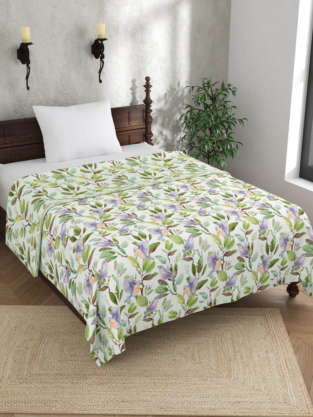 

EverHOME White & Green AC Room 150 GSM Floral Printed Single Bed Dohar
