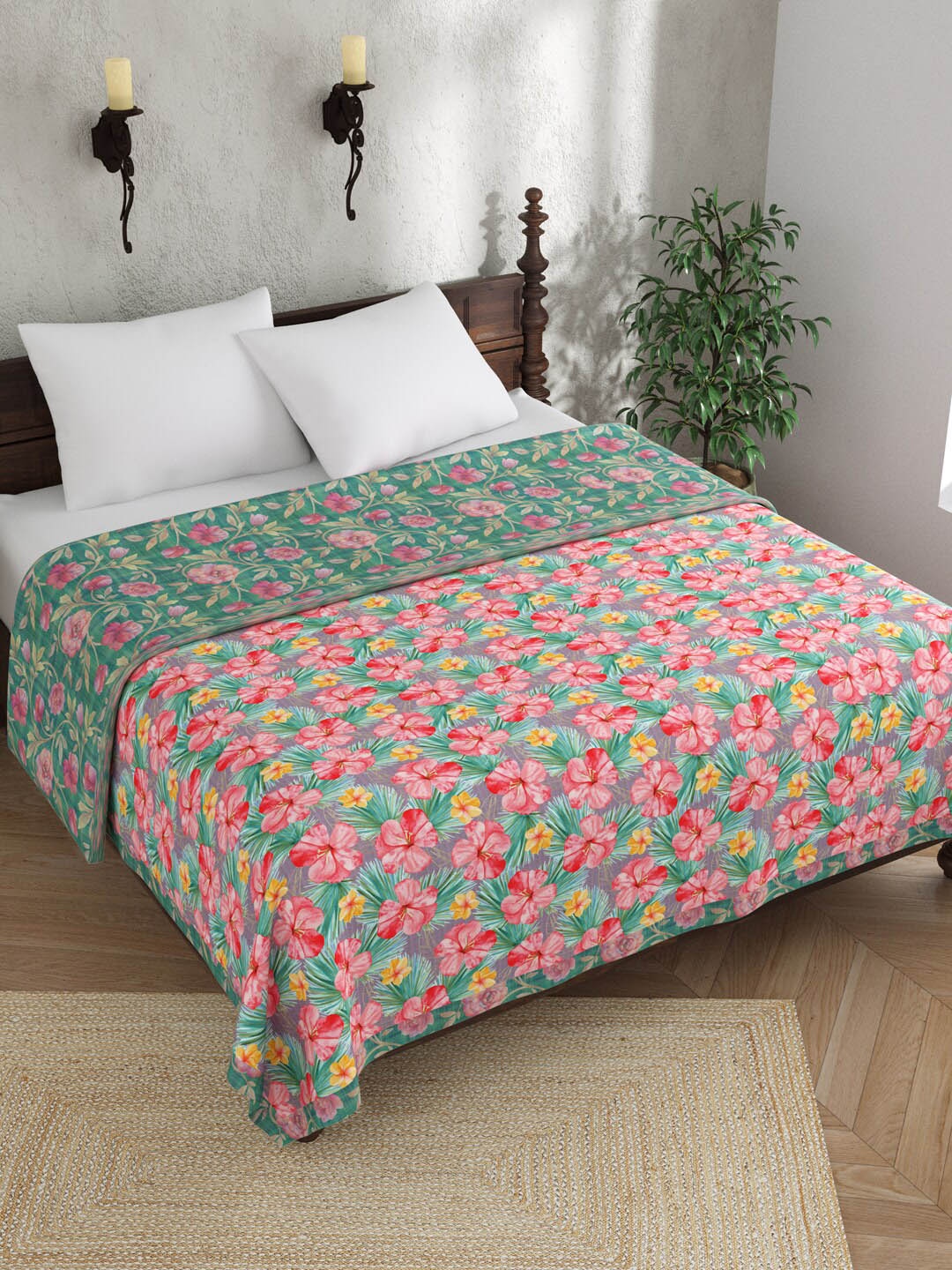 

EverHOME Purple & Green Floral AC Room 150 GSM Double Bed Dohar