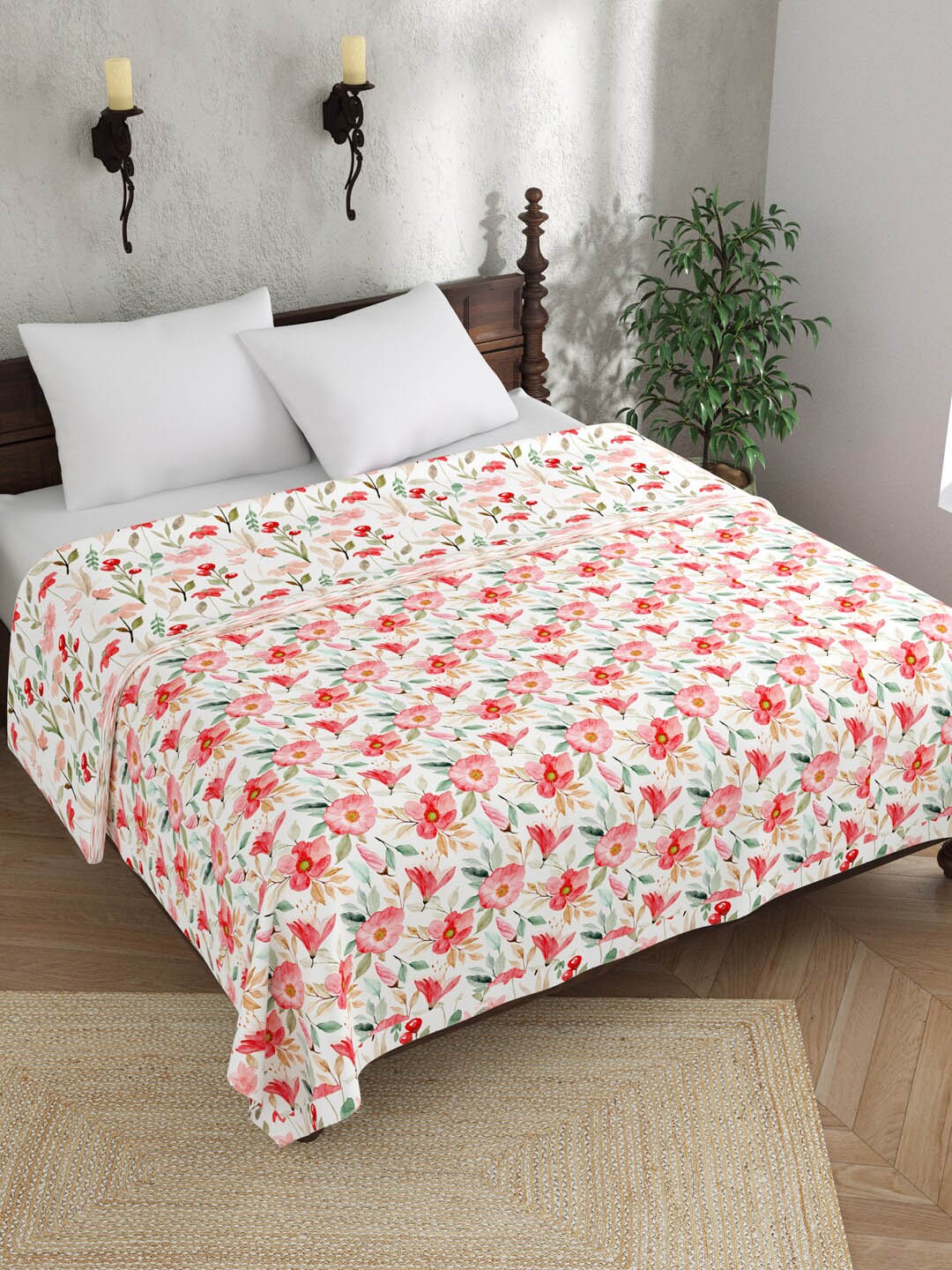 

EverHOME White & Pink Floral AC Room 150 GSM Cotton Double Bed Dohar