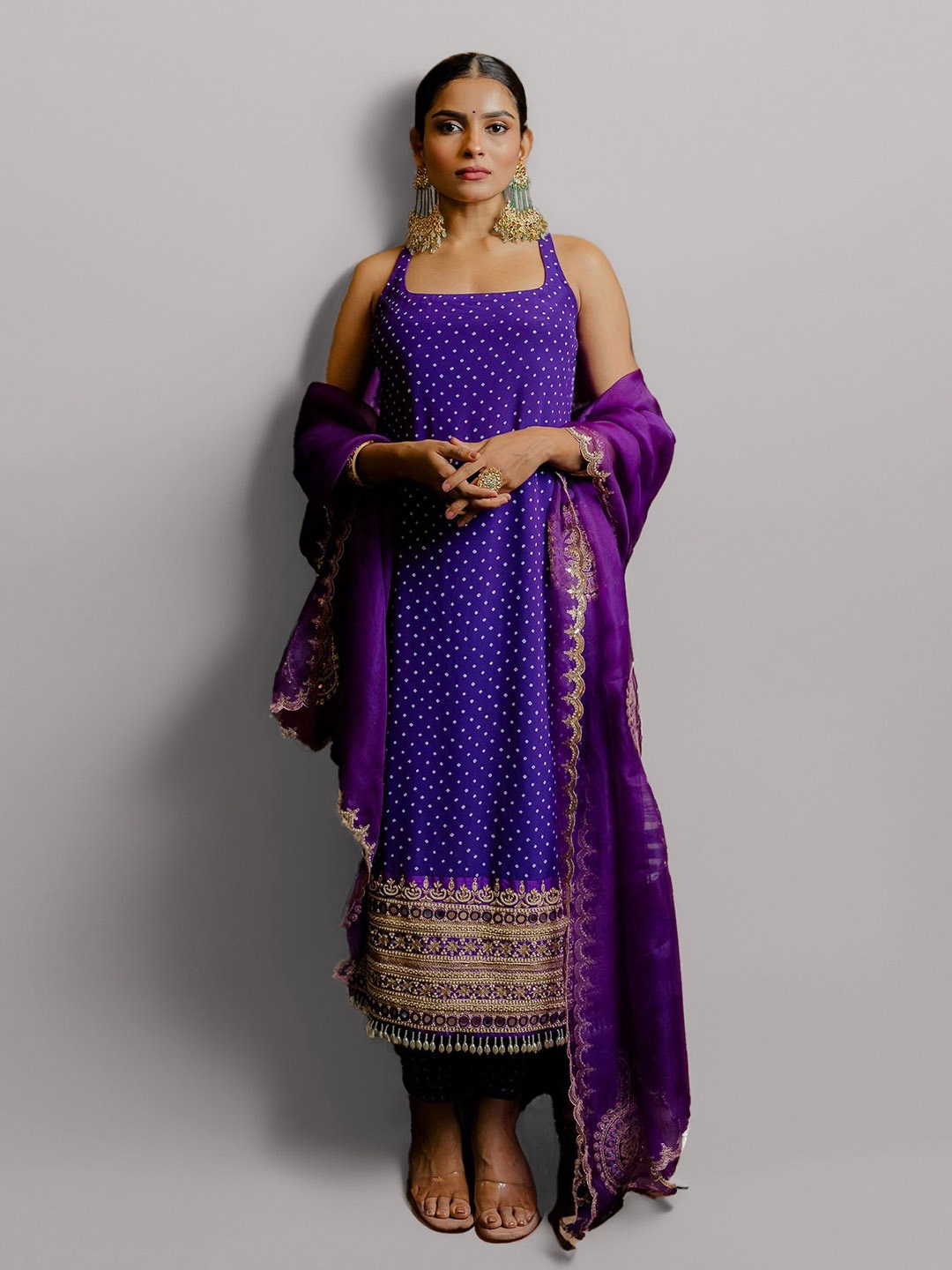 

Fusionic Embroidered Shoulder Strap Regular Kurta with Trousers & Dupatta, Purple