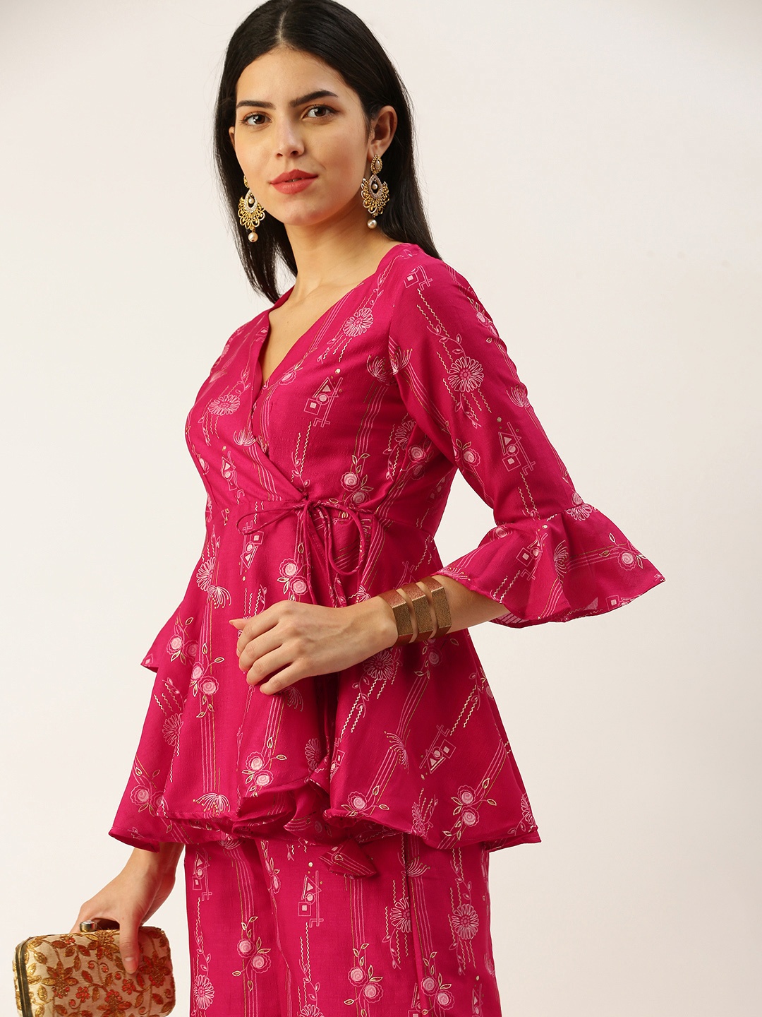 

Ethnovog Floral Foil Printed Ethnic Co-Ords, Pink