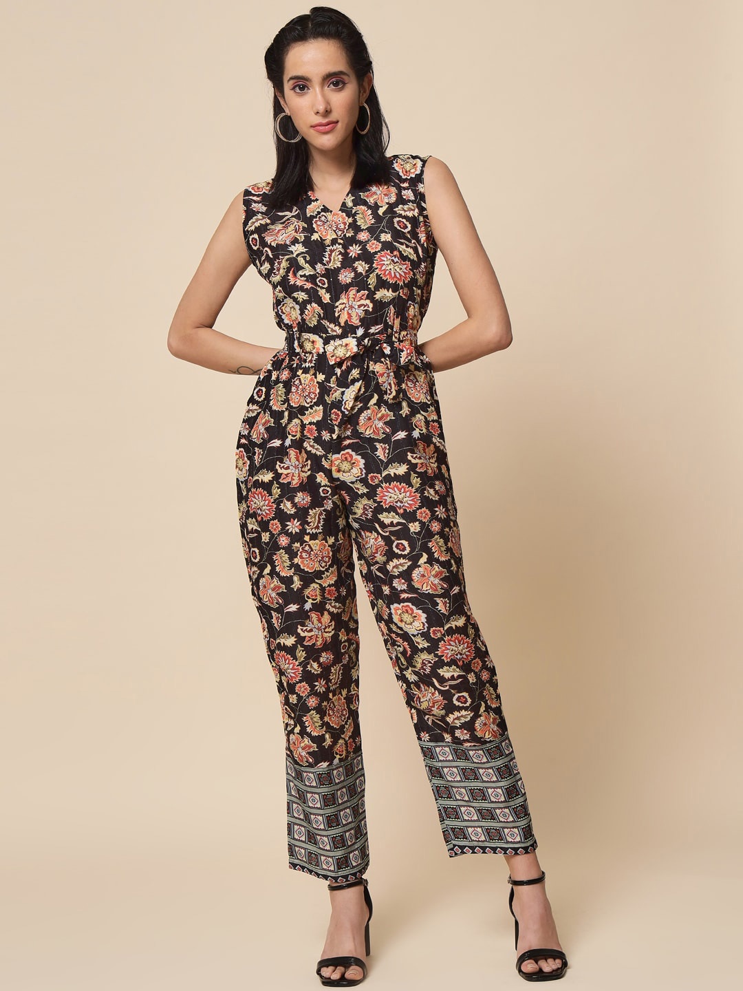

Hinayat Fashion Floral Printed Cotton Basic Jumpsuit, Black