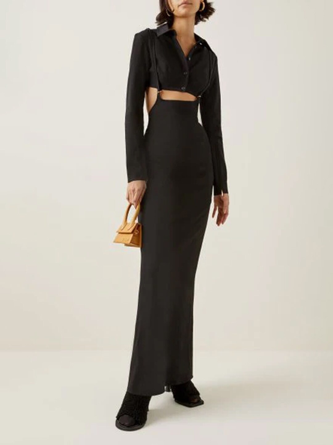 

Styched Cut-Out Shirt Collar Bodycon Dress, Black