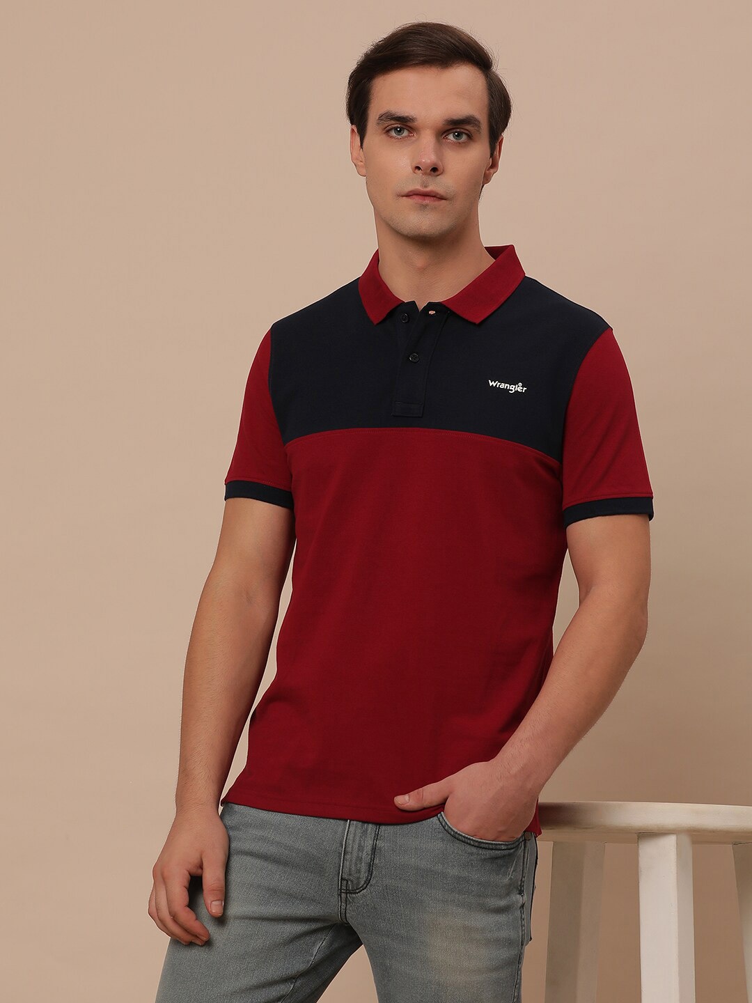 

Wrangler Colourblocked Cotton Polo Collar T-shirt, Red