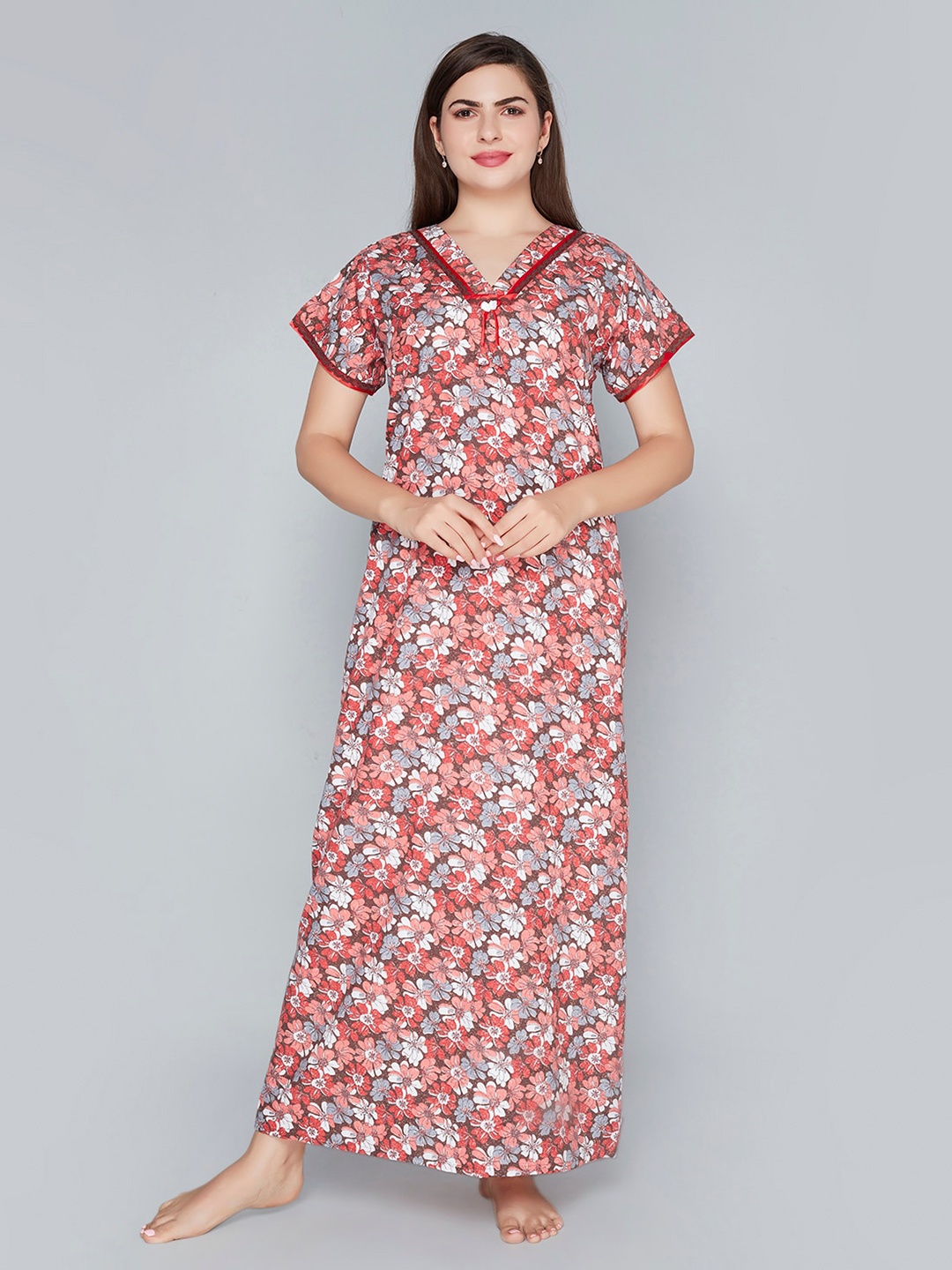 

Lady Love Floral Printed Pure Cotton Maxi Nightdress, Maroon