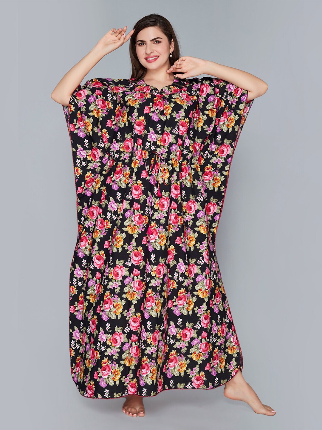 

Lady Love Floral Print Kaftan Maxi Nightdress, Black