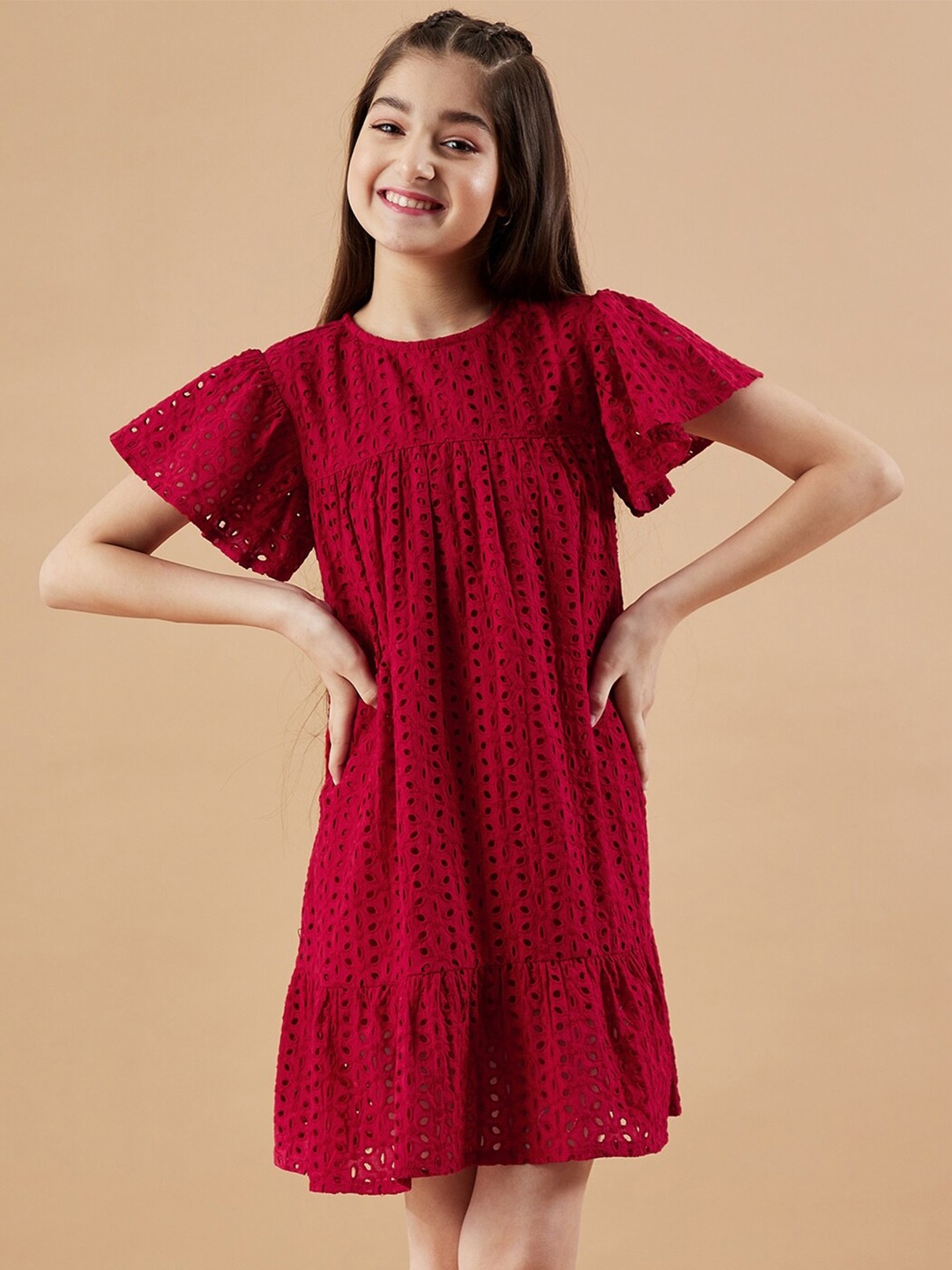 

Cherry & Jerry Girls Self Designed Flared Sleeves A-Line Dress, Maroon