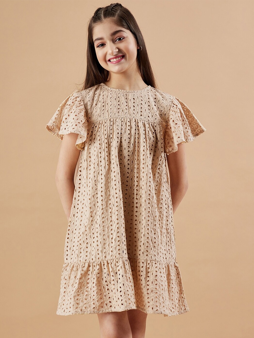 

Cherry & Jerry Girls Self Designed Flared Sleeves A-Line Dress, Beige