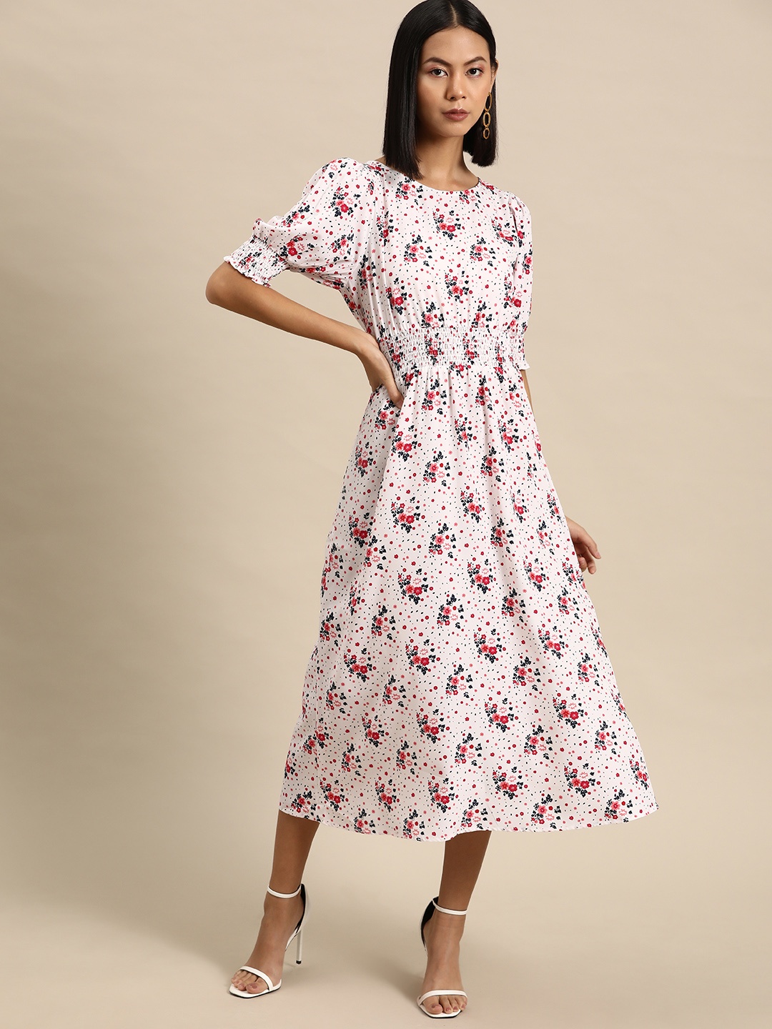 

all about you Floral Print Smocked Puff Sleeve Fit & Flare Midi Dress, White