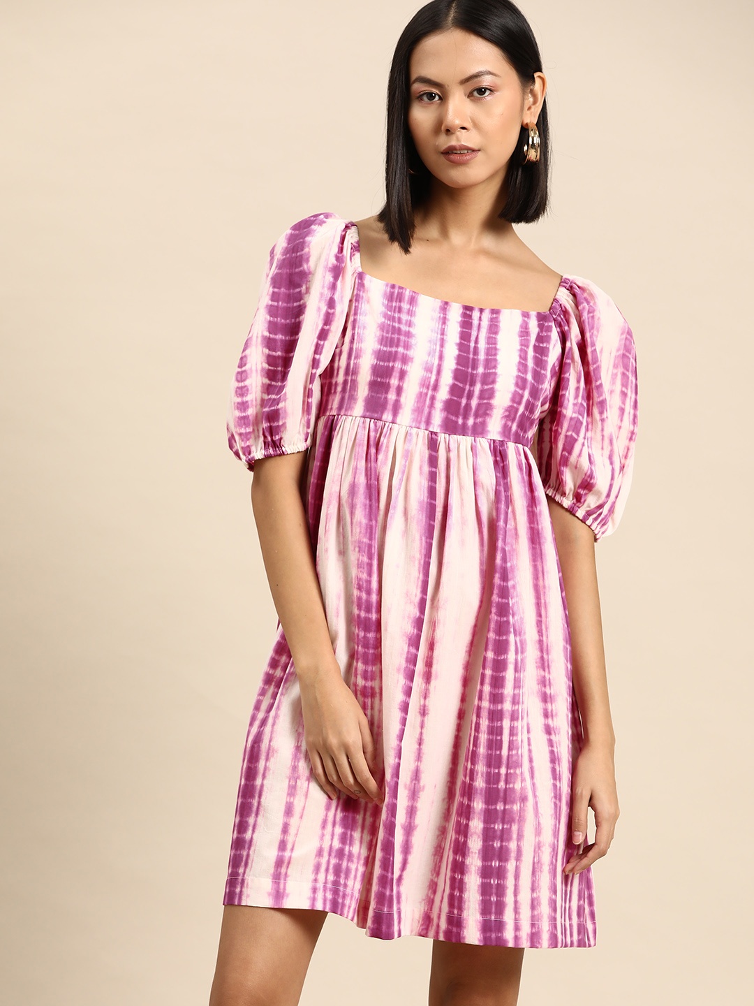 

all about you Tie & Dye Puff Sleeve Fit & Flare Mini Dress, Off white