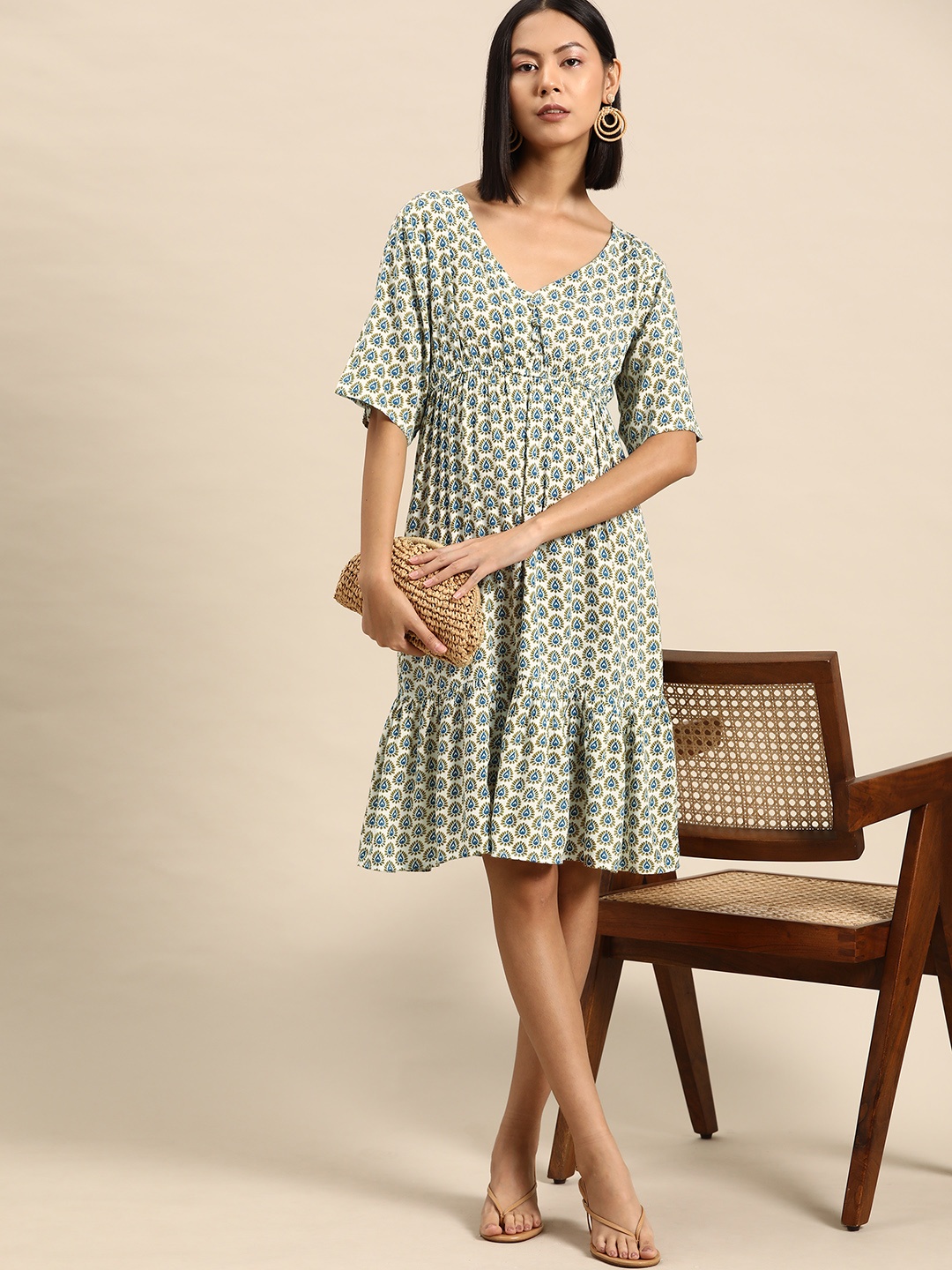 

all about you Floral Print Gathered Fit & Flare Dress, Off white