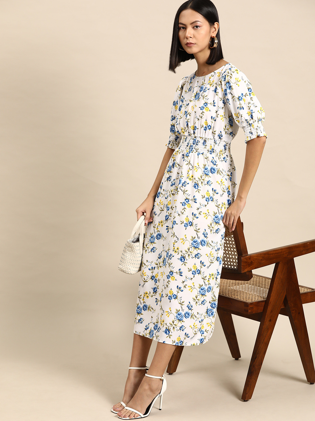 

all about you Floral Print Smocked Puff Sleeve Fit & Flare Midi Dress, White
