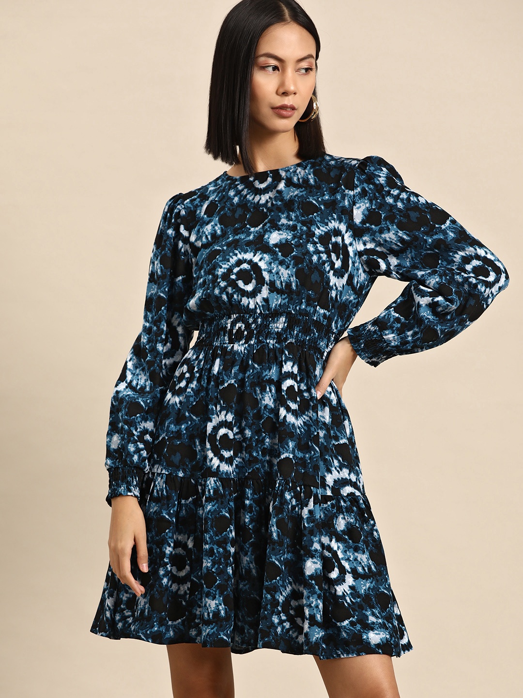

all about you Abstract Print Smocked Puff Sleeve Fit & Flare Mini Dress, Navy blue