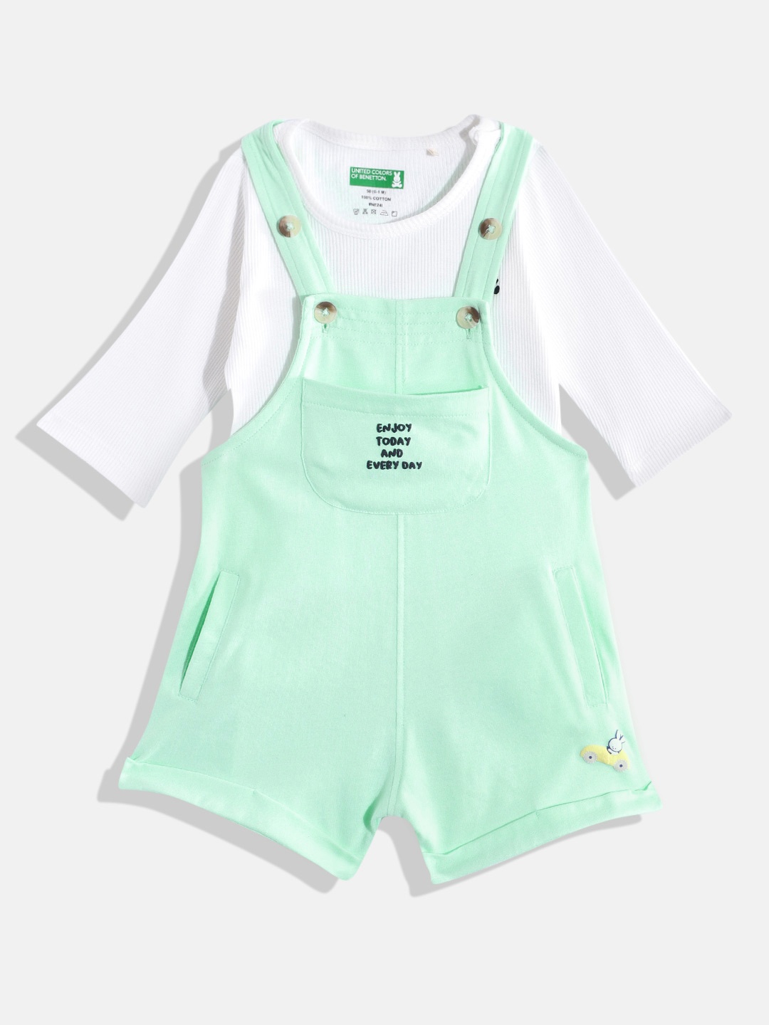 

United Colors of Benetton Boys Pure Cotton Dungaree with Ribbed T-shirt, White