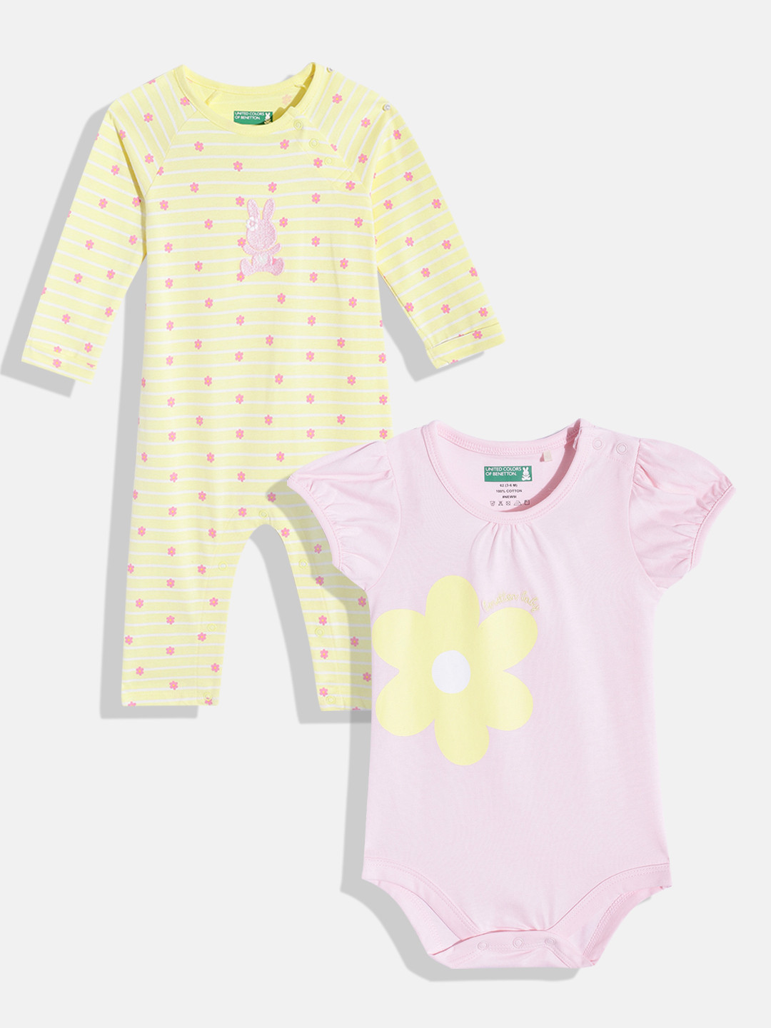 

United Colors of Benetton Infant Girls Pack of 2 Printed Pure Cotton Rompers & Bodysuit, Pink