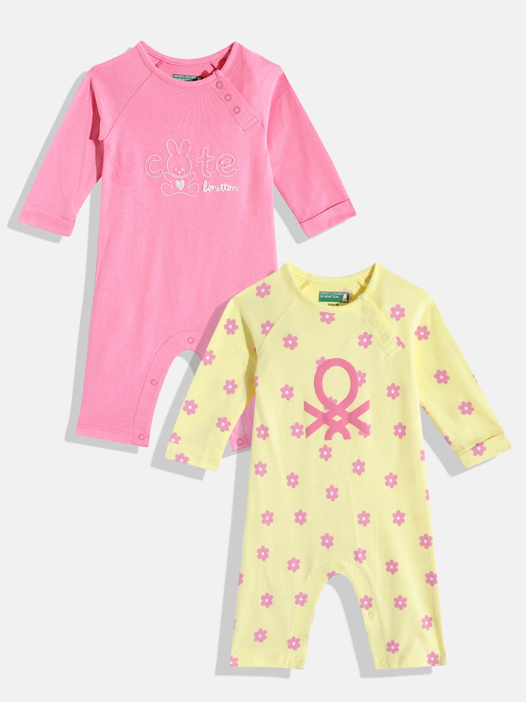 

United Colors of Benetton Infant Girls Pack of 2 Pure Cotton Rompers, Yellow