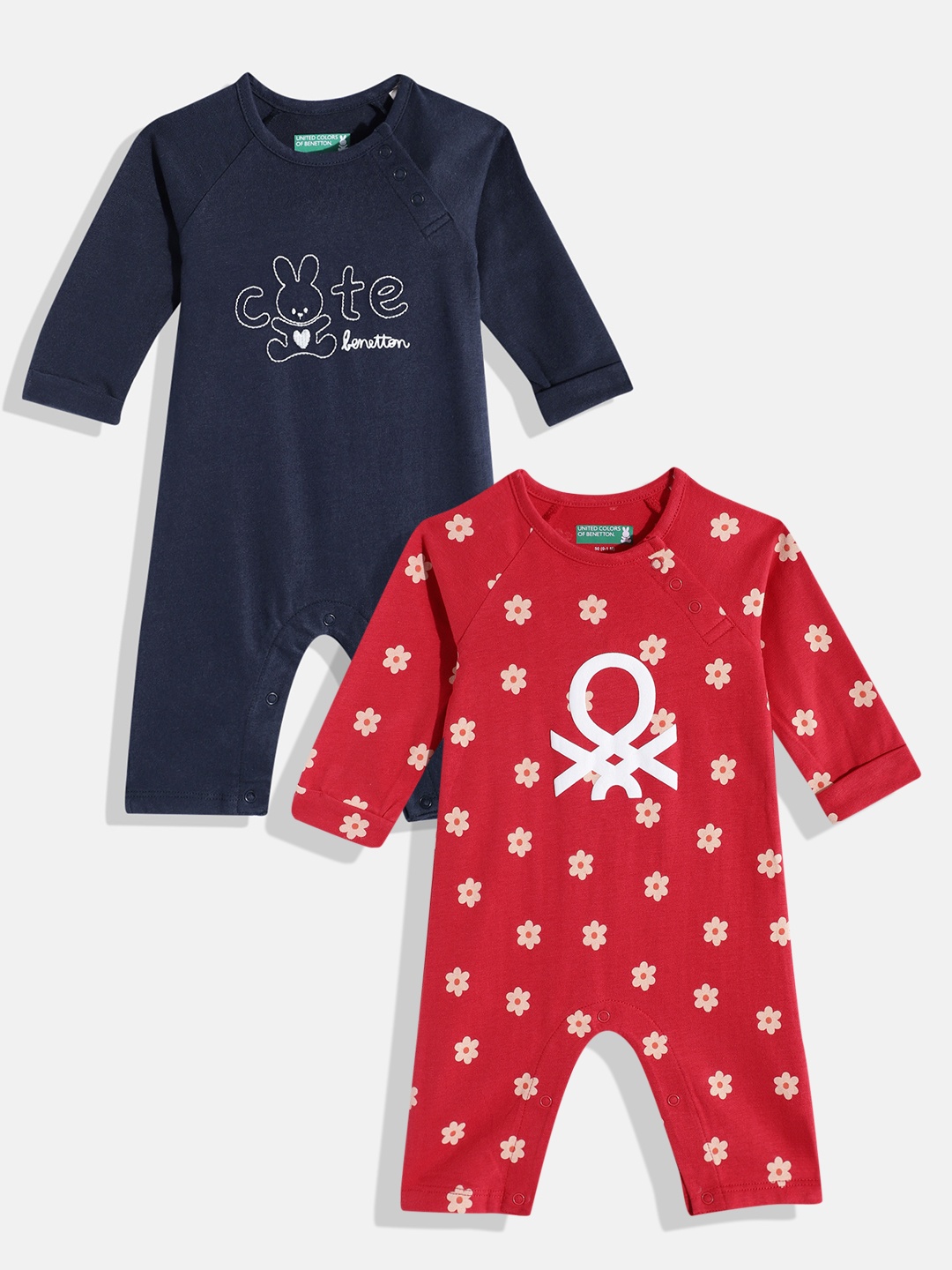 

United Colors of Benetton Infant Girls Pack of 2 Pure Cotton Rompers, Navy blue