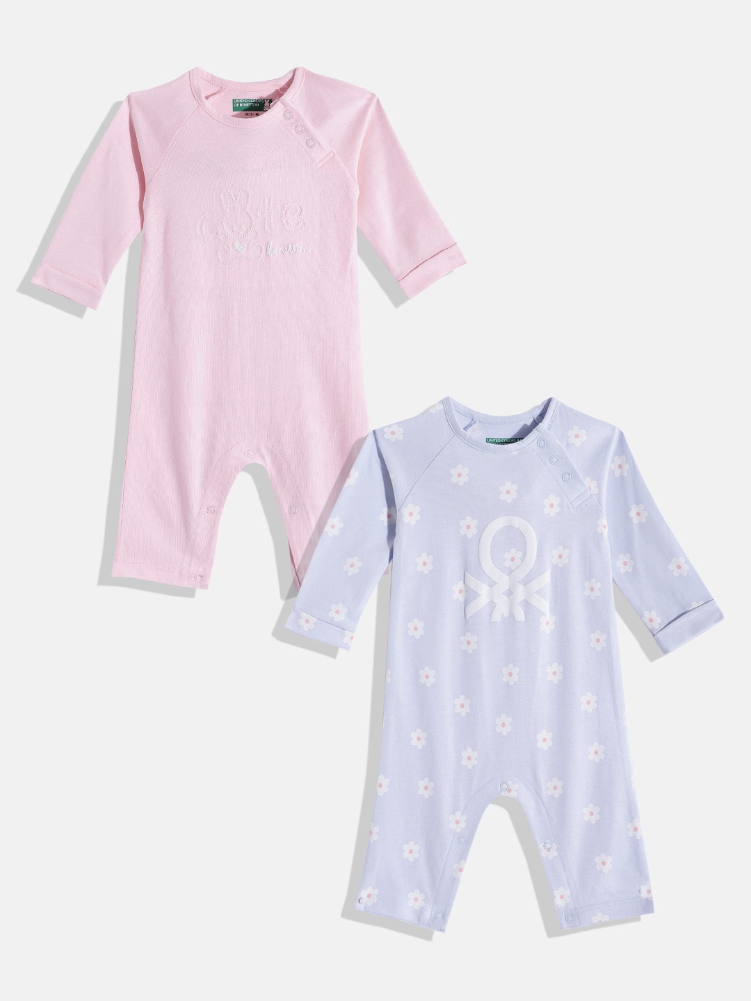 United Colors of Benetton Infant Girls Pack of 2 Pure Cotton Rompers, Pink