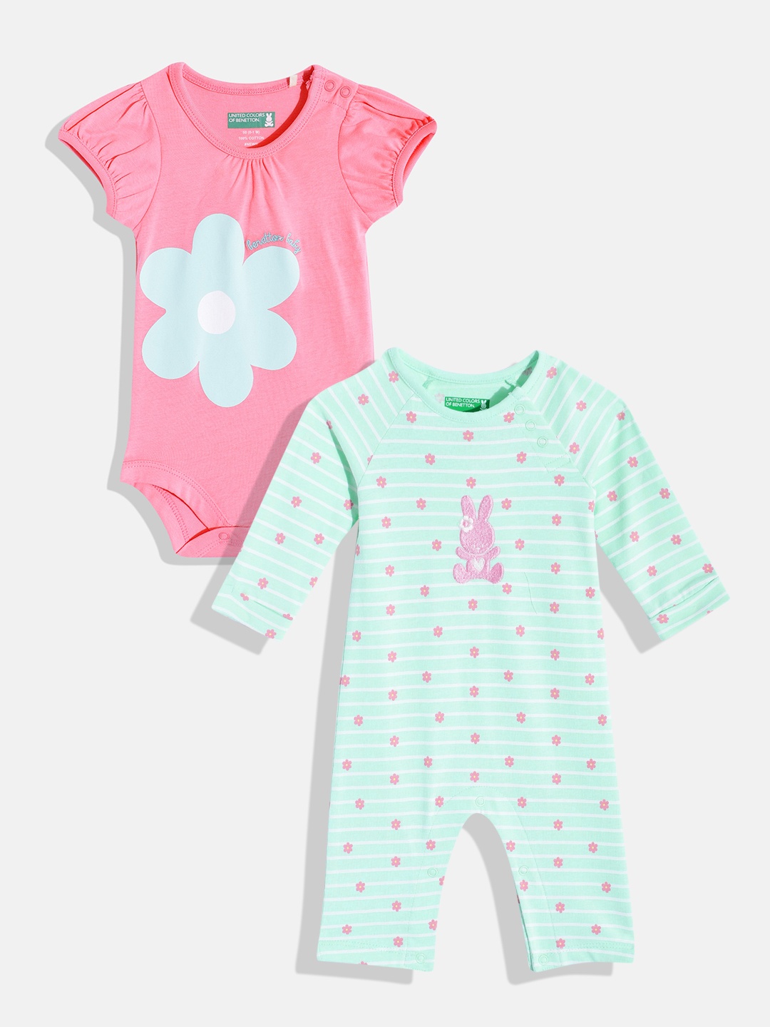 

United Colors of Benetton Infant Girls Pack of 2 Printed Pure Cotton Rompers & Bodysuit, Pink