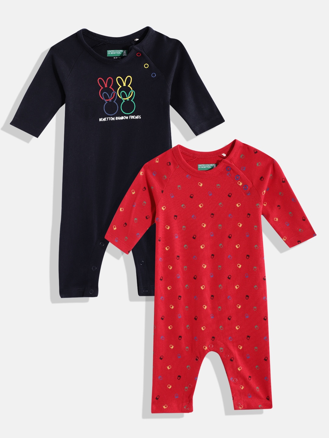 United Colors of Benetton Boys Set of 2 Pure Cotton Rompers, Navy blue