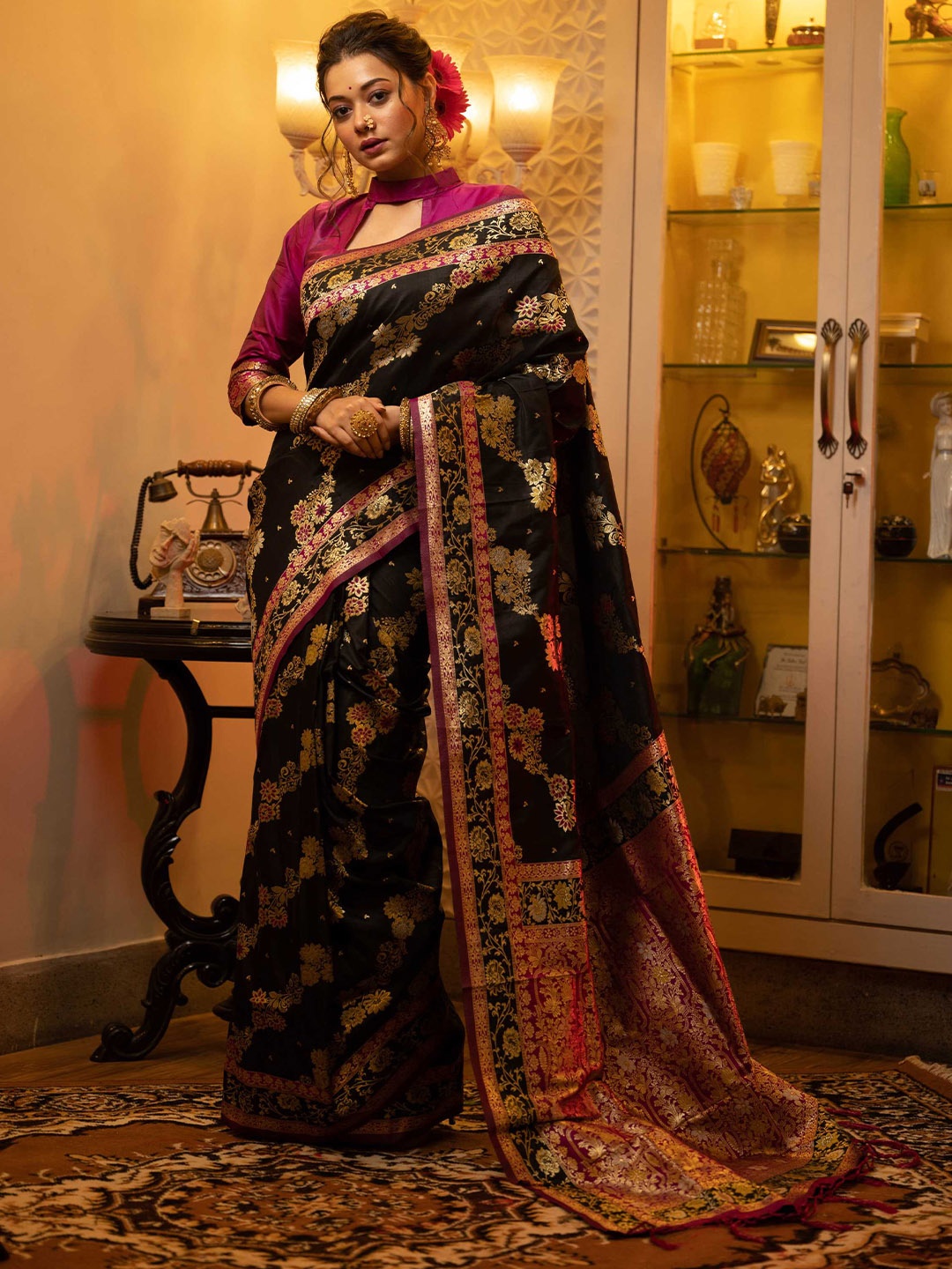 

Mitera Black & Pink Floral Woven Design Zari Banarasi Saree