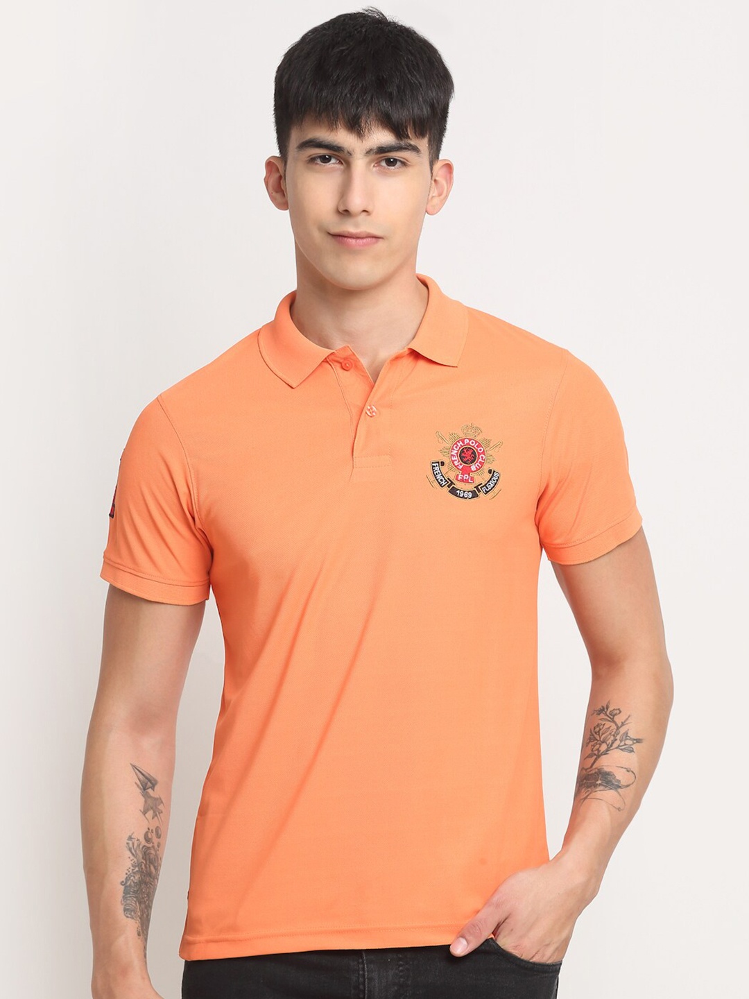 

FRENCH FLEXIOUS Polo Collar Embroidered Knitted Regular-Fit Cotton T-shirt, Coral