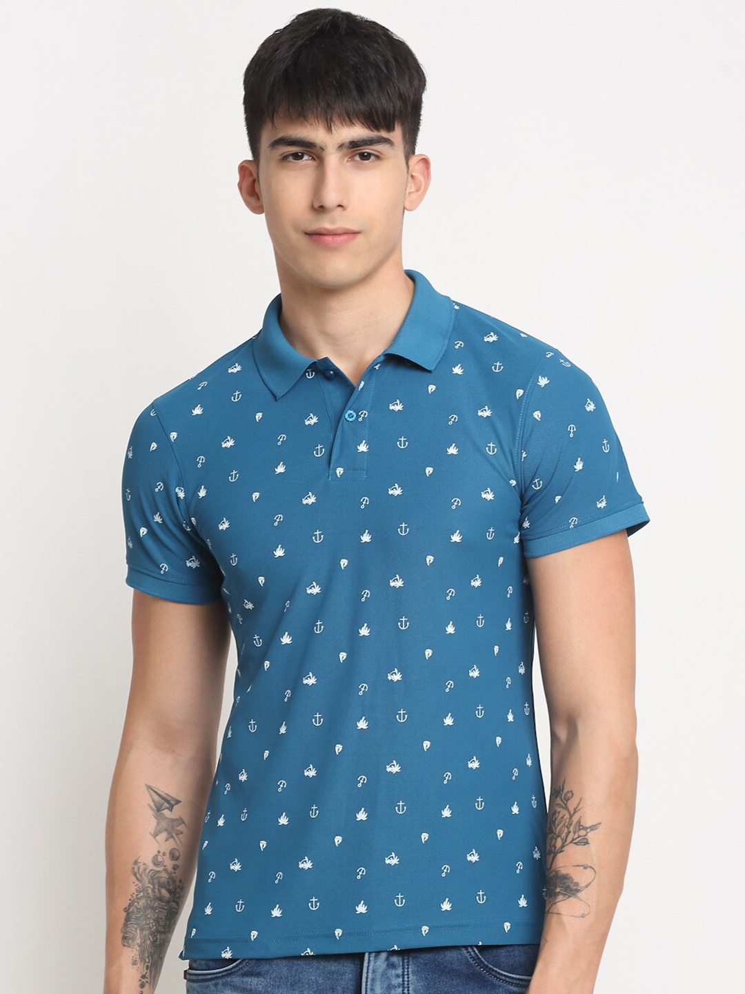 

FRENCH FLEXIOUS Conversational Printed Polo Collar Knitted Cotton T-shirt, Blue