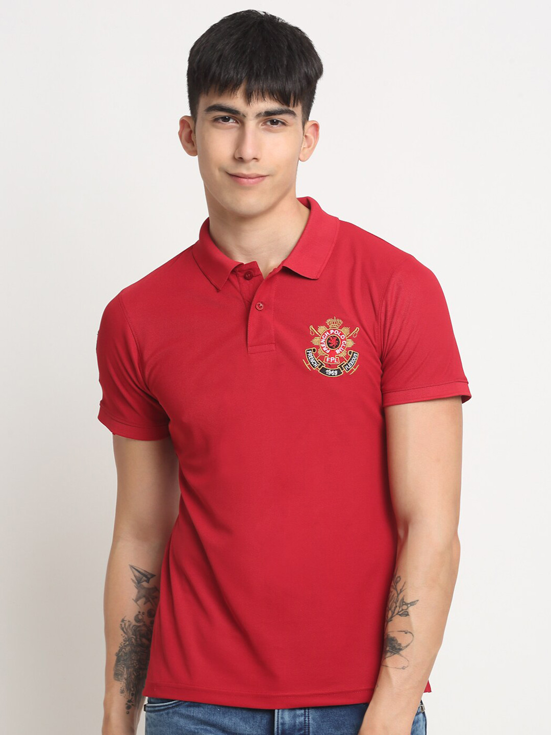 

FRENCH FLEXIOUS Polo Collar Embroidered Regular T-shirt, Maroon